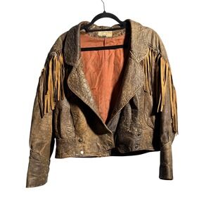 VTG Brown Leather Fringe Jacket Moto Crop Boho Western Rodeo Sz M Distressed SEE